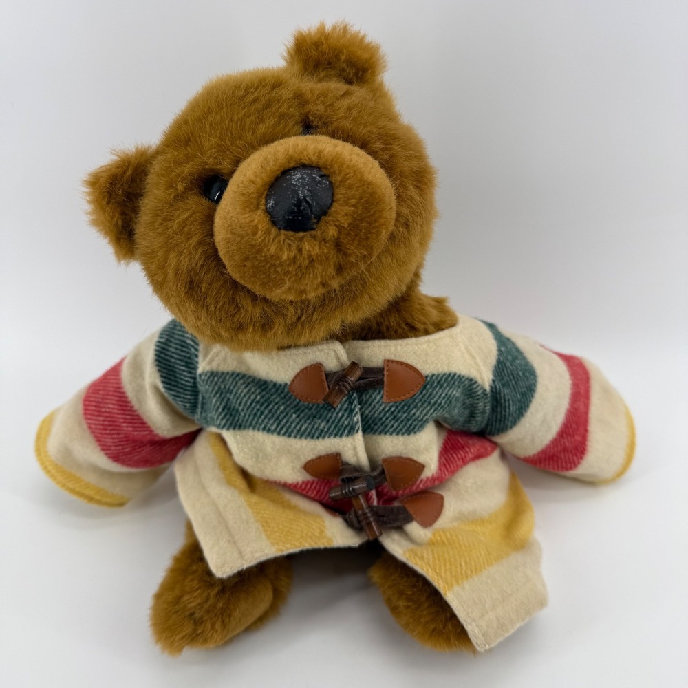 LL Bean Vintage Teddy Bear Plush Striped Trapper Coat Hudson Bay Style 11 Inch